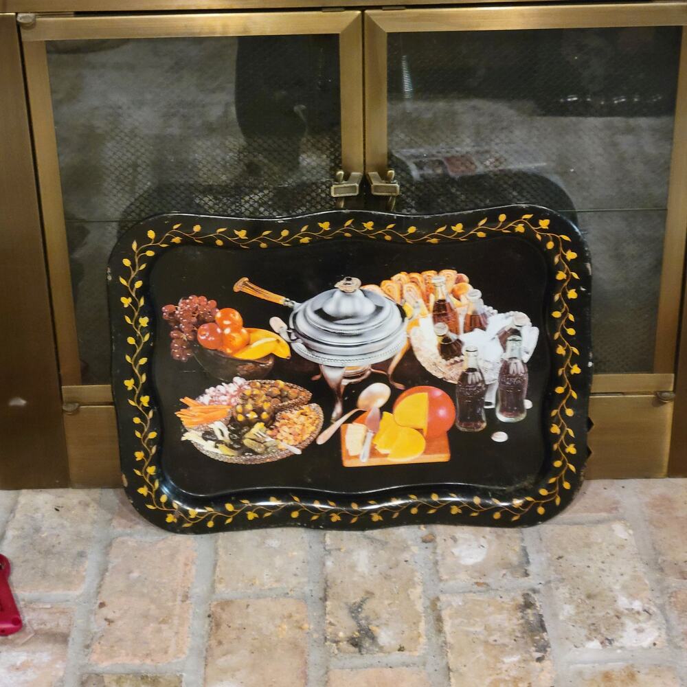 Vintage Coca Cola Metal Serving Tray Fondue Party Black Scalloped Advertising